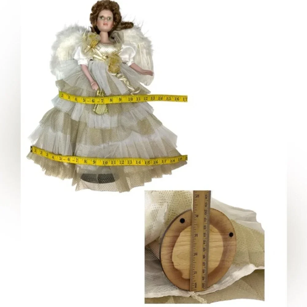 Vintage Porcelain Angel Doll 19” Brunette with Stand Gold White Lace Gown 1989